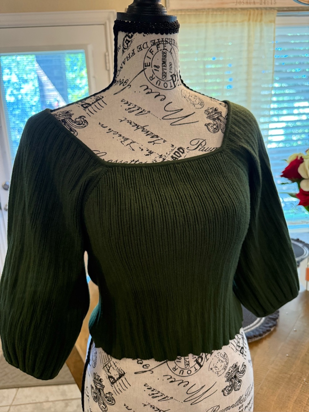 Women's Square Neck Ribbed Knit Dark Green Top SzL Fall Fashion
